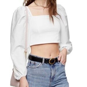 Topshop White Square Neck Crop Puff Sleeves Top